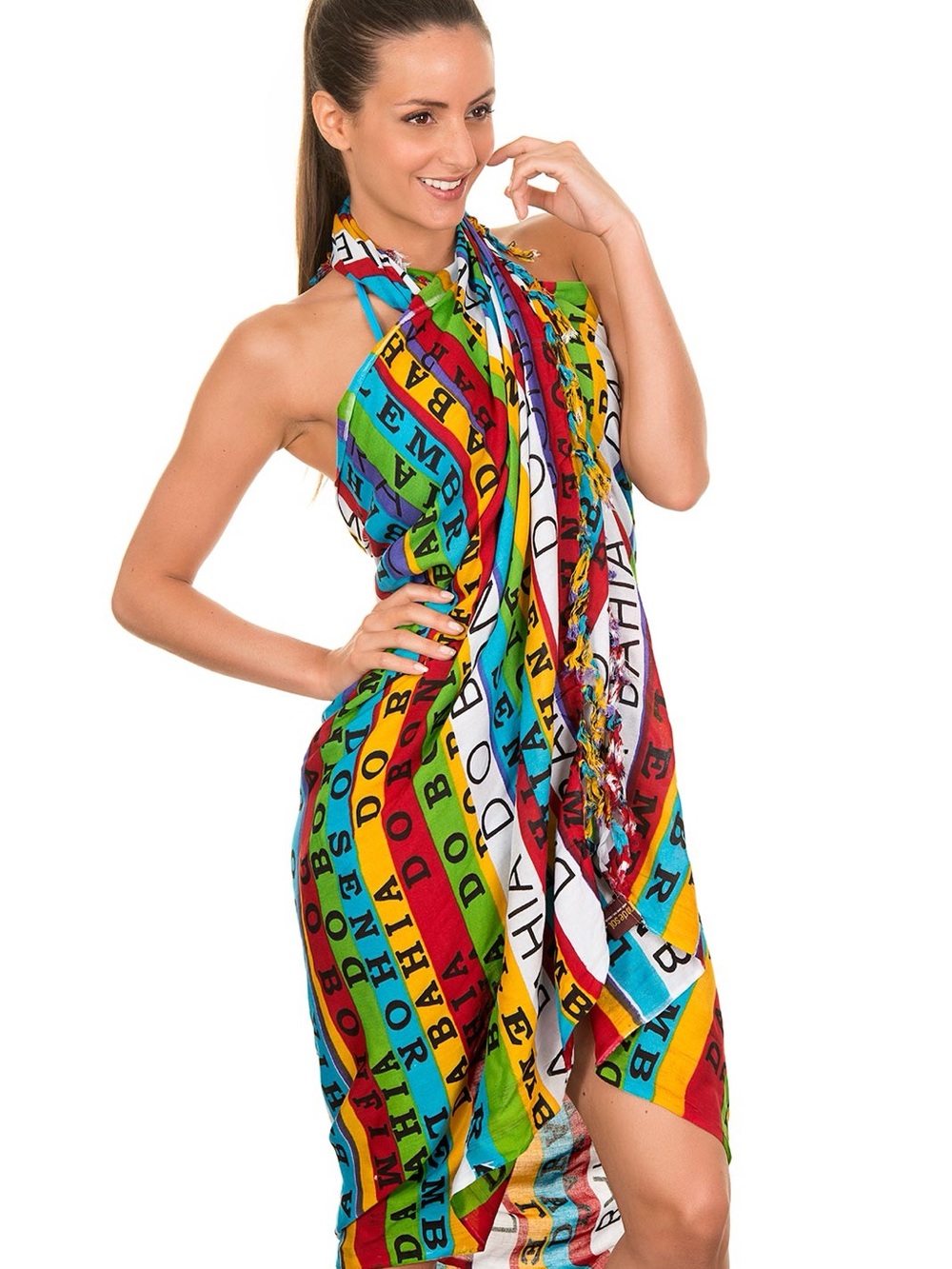 Bali Blue brand canga pareo multicolored "Senhor do Bonfim" letter print fringe
